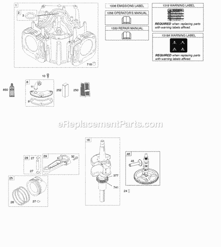 Camshaft Crankshaft Cylinder Engine Gasket Set PistonRingsConnecting Rod Diagram and Parts List for 445677-1114-B1  Briggs and Stratton Engine